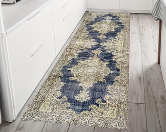 Blue Turkish Runner Rug 2x9 3x11 2x13, Kitchen Runner Rug, Livingroom Rug, Bedroom Area Rug, Washable  Runner, Vintage Hallway Runner