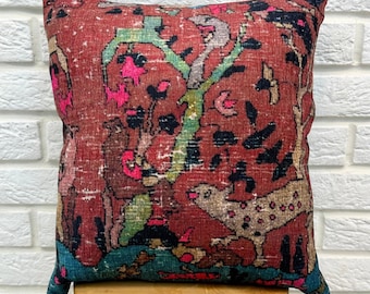 Animal Print Pillow Cover 18x18", Throw Pillow Cover, Kilim Pillow Cover,  Rug Pillow, Square Pillow, Boho Farmhouse Cushion Cover