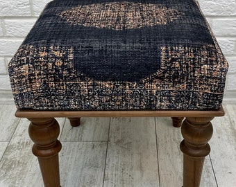 Boho Ottoman Bench 18x18&quot;, Small Entryway Footstool bench, Rug Upholstered Ottoman, Farmhouse Decor Dining Bench, Antique Piano Stool Pouf
