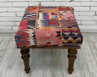 Patchwork Ottoman Bench 18x18&quot;, Small Entryway bench,Rug Upholstered Ottoman, Decorative Farmhouse Bench, Footstool Pouf Ottoman, Wood Bench