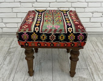 Boho Ottoman Bench 18x18&quot;, Small Entryway bench, Rug Upholstered Ottoman, Decorative Farmhouse Bench, Footstool Pouf Ottoman, Wood Bench