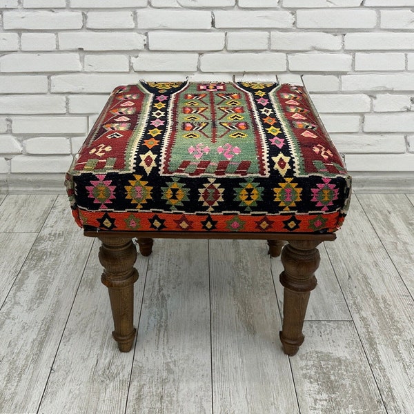 Boho Ottoman Bench 18x18", Small Entryway bench, Rug Upholstered Ottoman, Decorative Farmhouse Bench, Footstool Pouf Ottoman, Wood Bench