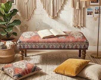 Banco otomano largo para dormitorio con alfombra turca de 18x18x43", banco con alfombra turca, banco de mesa de comedor hecho a mano, banco de madera, banco para sentarse, banco de mesa largo