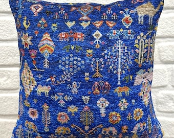 Blått djurtryckt marockansk matta kuddfodral 16x16", orientalisk kelimkudde, etnisk blommig matta kudde 16x24", lantlig örngott