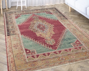 Alfombra turca de 4x6, alfombra bohemia de 3x5, alfombra rosa Madellion, alfombra lavable, alfombra étnica Oushak, alfombra para sala de estar, alfombra de entrada estilo granja bohemia de 5x8