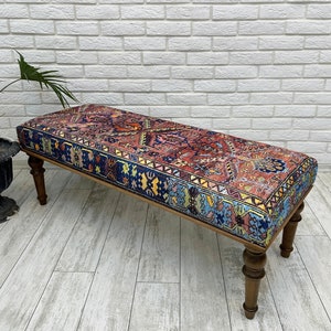 Ottoman Bench, Southwestern Bench, Piano Bench, End of Bed Bench, Bohemian Bench, Turkish Rug Upholstered Bench, Farmhouse Bench, 18x18x48"