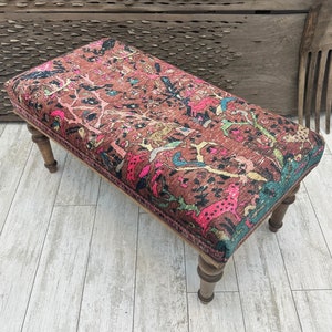 Pink Animal Print Ottoman Bench, Rug Upholstered Bench, Decorative Livingroom Bedroom Dining Entryrway Footstool, 18x18x48&quot; Bohemian Bench