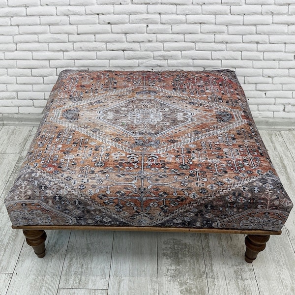 Handmade Ottoman Coffee Table Bench With Animal Print  Rug, Farmhouse Upholstered Bench,Ottoman Coffee Table Bench,Coffee Table Bench