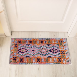 2x3 Turkish Kilim Doormat Rug, 2x3 Orange Pink Doormat Rug, 2x3 Entry Rug, Small Runner Rug, Bath Mat, Washable Doormat, Kilim Rug Carpet