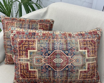 Geometric Throw Pillow Cover, Ethnic Kilim Rug Pillow, Red Blue Pillow Case, Lumbar Pillow, Bench Cushion, Couch Sofa Home Decor Pillow