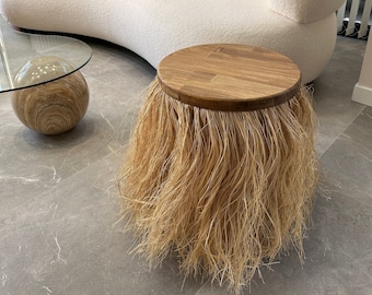 Bohemian Coffee Table with Raffia and Beech Tree Wood, Hawaiian Bar Table, Jute Coffee End Table, Handmade Boho Fringed Palm Leaf Side Table