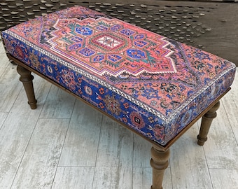 Ottoman Bench, Turkish Rug Upholstered Bench, Southwestern Bench, Entry Footstool, End of Bed Bench, Bohemian Bench, Farmhouse Bench 18x48"