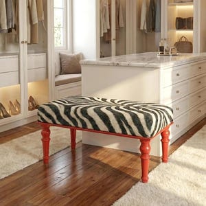 Zebra Design Bench, Zebra Rug Upholstered Ottoman Bench 48", Red Wood Leg Furniture, Entry Footstool, Piano Bench, Bedroom Bench,Dining Seat