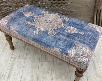 Blue Ottoman Bench For Livingroom 18x48", Long Bedroom Bench For Bed End, Handmade Wood Dining Bench,Rug Upholstered Entryway Footstool Pouf