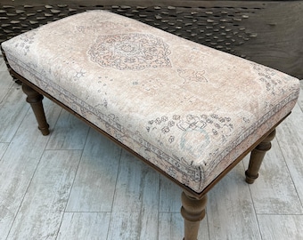 Beige Southwestern Ottoman Bench 18x48", Turkish Rug Upholstered Bench, Bohemian Farmhouse Entryway Footstool Pouf, Livingroom Bedroom Bench