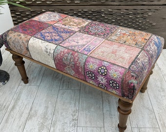 Patchwork Ottoman Bench 18x48", Livingroom Bench, Rug Upholstered Bench, Bedroom Bench For Bed End, Decorative Bohemian Entryway Footstool