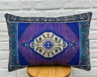 Purple Turkish Rug Pillow Cover 16x24", Boho Throw Pillow Cover,  Rug Pillow, Vintage Retro Kilim Pillow, Holiday Decor, Gift For Her