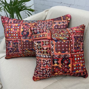 Red Patchwork Pillow Cover, Throw Pillow Cover 16x24&quot;, Couch Sofa Pillow, Boho Ethnic Aztec Lumbar Pillow Case, Vintage Rug Bench Cushion