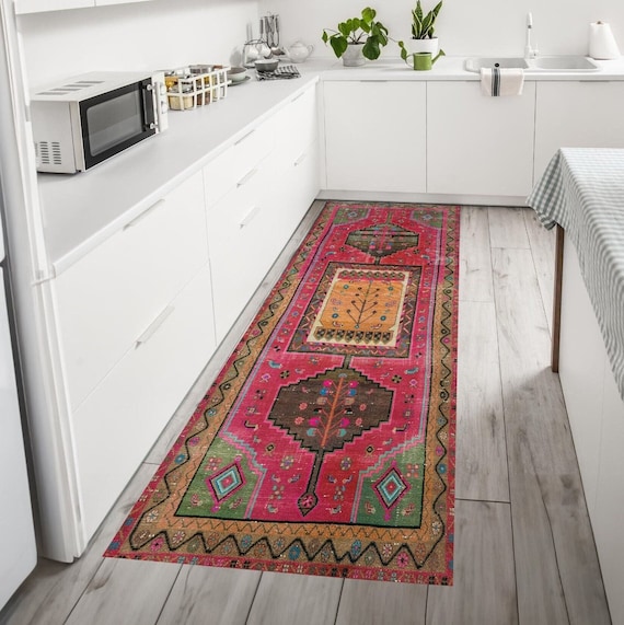 Boho Turkish Runner Rug 2x8, Pink Persian Rug, Kitchen Runner Rug 2x8, Hallway Entry Rug, Washable Oushak Rug, Farmhouse Runner rug 2x10