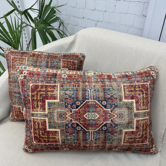 Geometric Throw Pillow Cover, Ethnic Kilim Rug Pillow, Red Blue