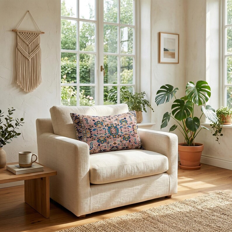 May include: A cream-colored armchair with a decorative pillow featuring a pink and blue pattern. The room includes a macrame wall hanging, a wooden side table, and a large potted plant. Natural light streams through the windows, creating a cozy atmosphere.