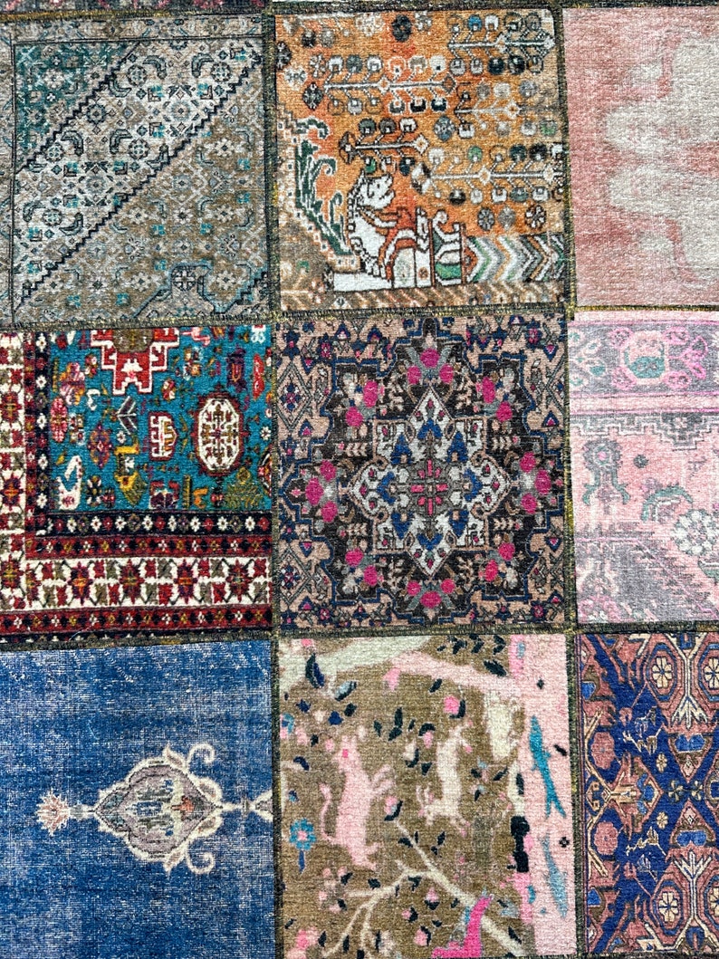 May include: A patchwork rug with different colored squares featuring intricate floral and geometric patterns. The rug is made of wool and has a vintage look.