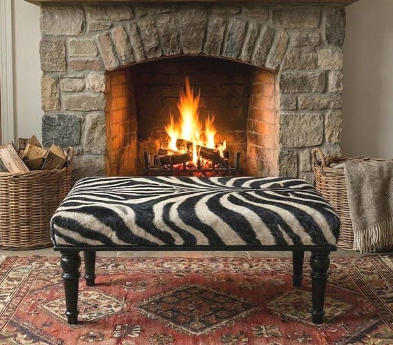 Zebra Design Bench, Zebra Rug Upholstered Ottoman Bench 48", Entry Footstool, Piano Bench, Bedroom Bench, Dining Seat, Boho Decor Furniture