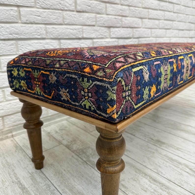 Ottoman Bench, Southwestern Bench, Piano Bench, End of Bed Bench, Bohemian Bench, Turkish Rug Upholstered Bench, Farmhouse Bench, 18x18x48"