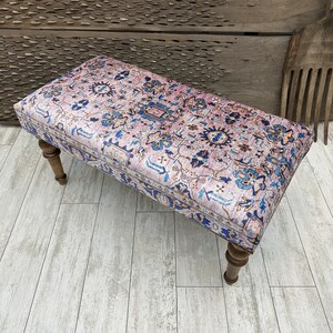 Upholstered Ottoman Bench, Pink Floral Bench, Footstool Ottoman, Dining Bench, Turkish Rug Bench, Entryway bench, Bedroom Livingroom Bench