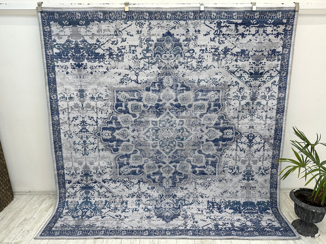 Square Navy Blue Oriental Area Rug 7x7, Washable Turkish Area Rug, Blue ...