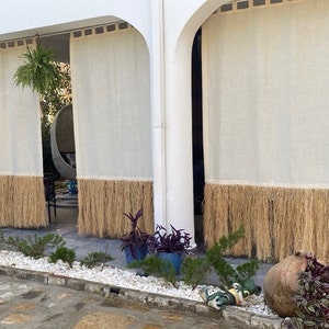 Linen Curtain with Raffia, Beach House Cabana Gazebo Pavillon Curtain, Bohemian Patio Outdoor Porch Curtain, Boho Linen Livingroom Curtain