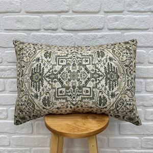 Boho Pillow Cover, Bench Cushion, Green Throw Pillow, Kilim Pillow Cover, Couch Lumbar Pillow, Persian Rug Pillow, Decorative Beige Pillow