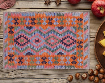 Boho Kilim Rug Design Placemat 12x18", Kitchen Dining Table Placemat, Ethnic Aztec Placemat, Vintage Country Farmhouse Bohemian Placemat