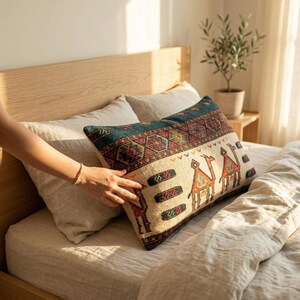 May include: Rectangular decorative pillow with a cream background and a teal border. The pillow features a geometric pattern and camel illustrations in shades of red, orange, and yellow. The pillow is placed on a bed with neutral-colored bedding.