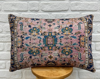Boho Pink  Rug Throw Pillow 16x24", Bohemian Farmhouse Pillow Cover, Handmade Cushion Cover, Couch Sofa pillow, Floral Pillow case