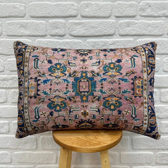 Boho Pink Persian Rug Throw Pillow 16x24", Bohemian Farmhouse Pillow Cover, Handmade Cushion Cover, Couch Sofa pillow, Floral Pillow case