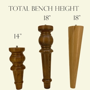May include: Three wooden bench legs in different styles. The legs are 14 inches, 18 inches, and 18 inches tall. The legs are made of a dark brown wood with a natural finish.