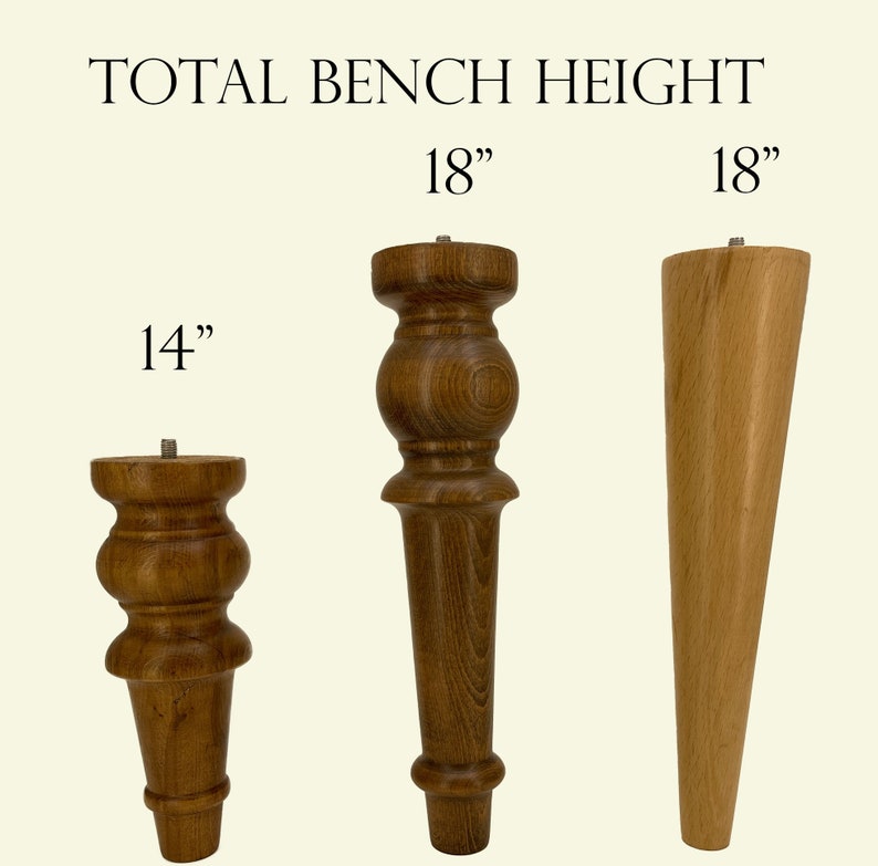 May include: Three wooden bench legs in different styles. The legs are 14 inches, 18 inches, and 18 inches tall. The legs are made of a dark brown wood with a natural finish.