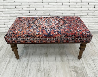 Floral Rug Ottoman Bench 18x18x43", Turkish Rug Bench, Oriental Dining Bench, Wood Footstool bench, Decorative Home Interior Design Bench