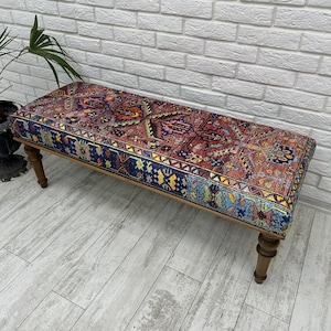 Ottoman Bench, Southwestern Bench, Piano Bench, End of Bed Bench, Bohemian Bench, Turkish Rug Upholstered Bench, Farmhouse Bench, 18x18x48"