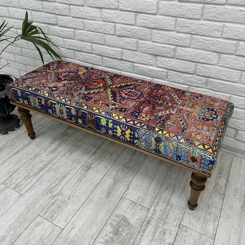 Ottoman Bench, Southwestern Bench, Piano Bench, End of Bed Bench, Bohemian Bench, Turkish Rug Upholstered Bench, Farmhouse Bench, 18x18x48"