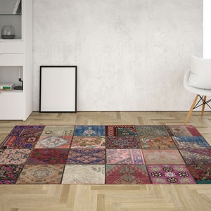 May include: A colorful patchwork rug with a variety of patterns and colors, including red, blue, green, and pink. The rug is made up of individual squares that are sewn together.