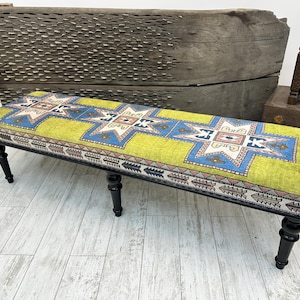 Extra Long Ottoman Bench For Livingroom Bedroom King Size Bed End 67" Wide, Boho Farmhouse Bench, Black Leg Turkish Rug Upholstered Bench