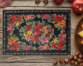 Floral Rug Design Placemat 12x18", Boho Kitchen Dining Table Placemat, Turkish Rug Placemat, Washable Placemat, Vintage Ethnic Placemat