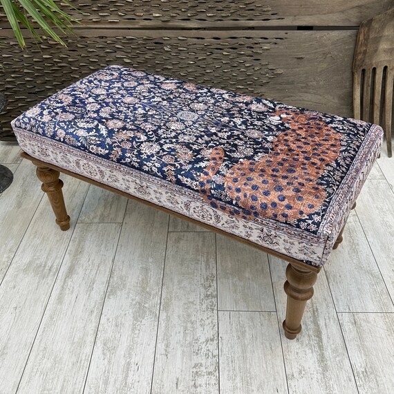 Leopard Design Ottoman Bench Animal Print Bench Piano Bench Bedroom Bench Rug Bench Handmade Blue Bench Bedroom Livingroom Bench 18x48 Etsy
