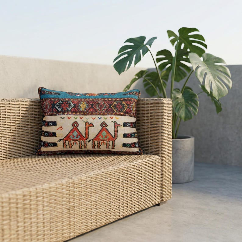 May include: Rectangular decorative pillow with a camel design. The pillow features a cream-colored background with two camels in red and orange, and a blue and patterned border. The pillow is placed on a woven wicker sofa.