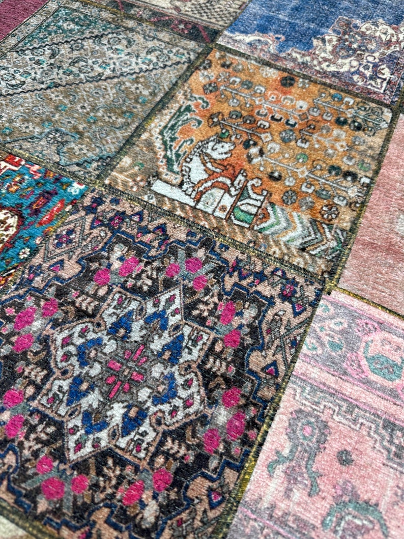 May include: A patchwork rug with a variety of colors and patterns, including pink, blue, green, and brown. The rug is made up of several smaller rugs sewn together.