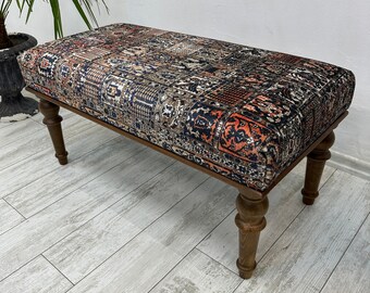 Handmade Bench, Wood Work Bench, Ottoman, Gift for Her,Dining Bench, Turkish Rug Bench, Sitting bench,Coffee Bench,18x18x36inch,Piano Bench