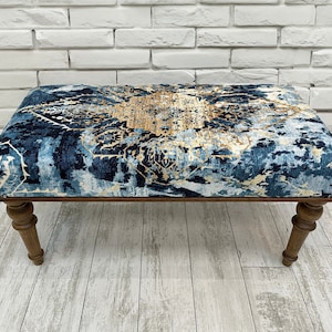 Bohemian Eclectic Bedroom Ottoman Bench, Farmhouse Decor, Turkish Rug Upholstered Gold Bench, Entry Footstool Pouf,Handmade Wood Piano Bench