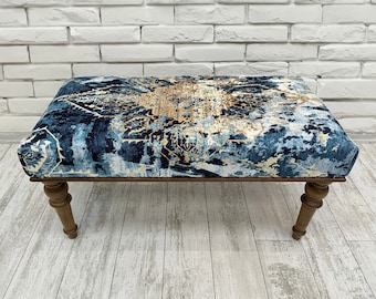 Boho Eclectic Schlafzimmer Ottoman Bank, Bauernhaus Dekor, türkischer Teppich gepolsterte Goldbank, Eintrag Fußhocker Pouf, handgefertigte Holz Klavierbank